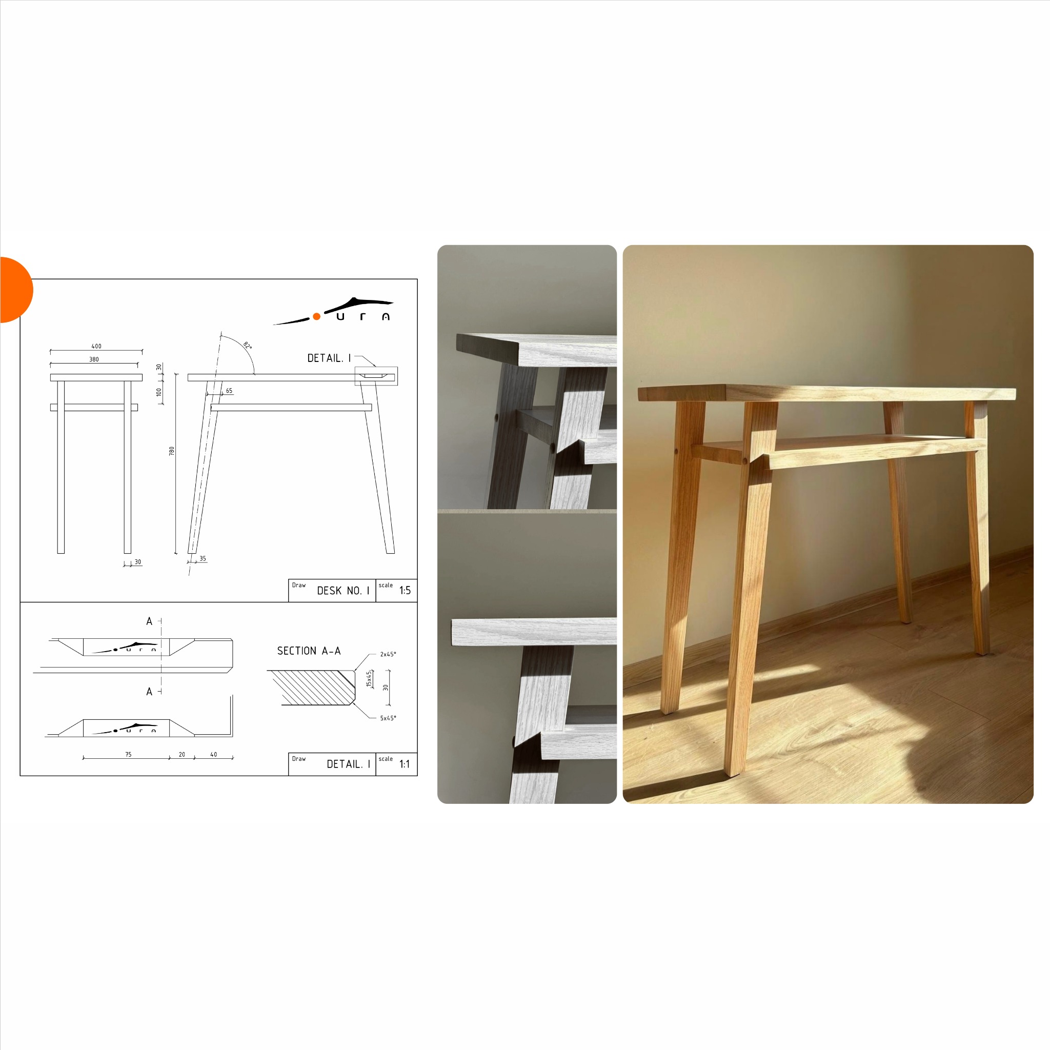 Projekt biurka z drewna: rysunek techniczny z wymiarami i zbliżenia detali konstrukcyjnych, ukazujące precyzję wykonania i unikalne połączenia elementów.