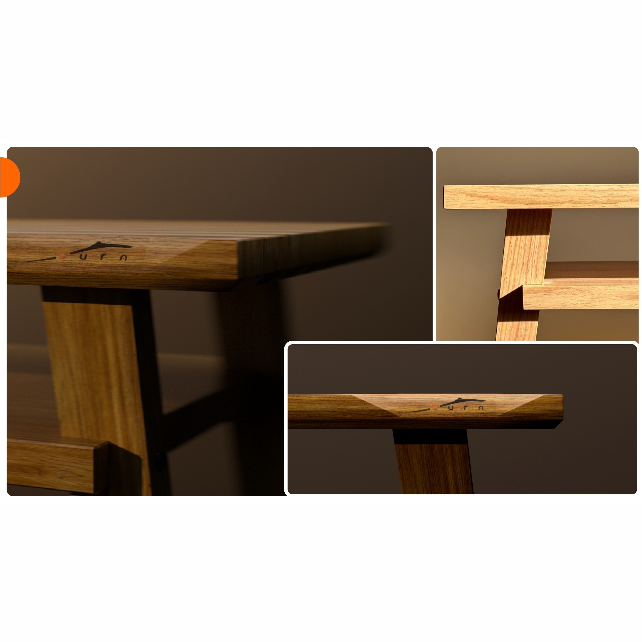 Drewniany stolik kawowy z subtelnym logo marki, prezentowany w trzech ujęciach. Ciepłe oświetlenie podkreśla naturalną teksturę drewna i minimalistyczny design.