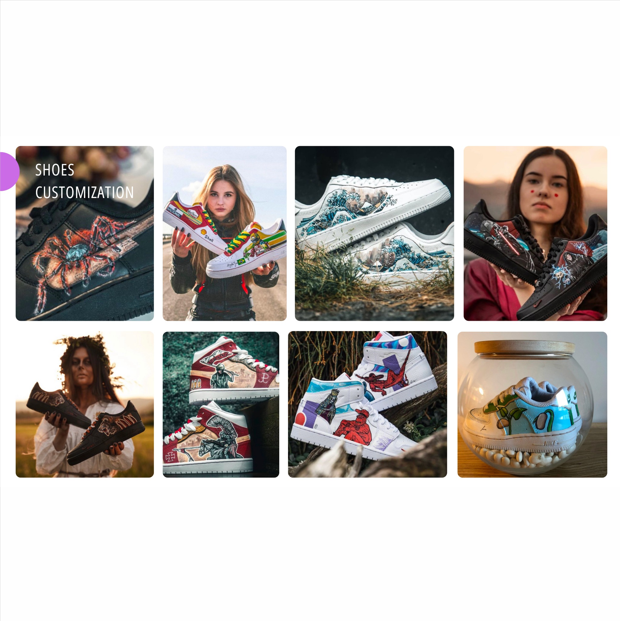 Kolaż prezentujący unikalne, ręcznie malowane buty sportowe z różnorodnymi motywami: od zwierzęcych po inspirowane popkulturą, prezentowane w różnych sceneriach.