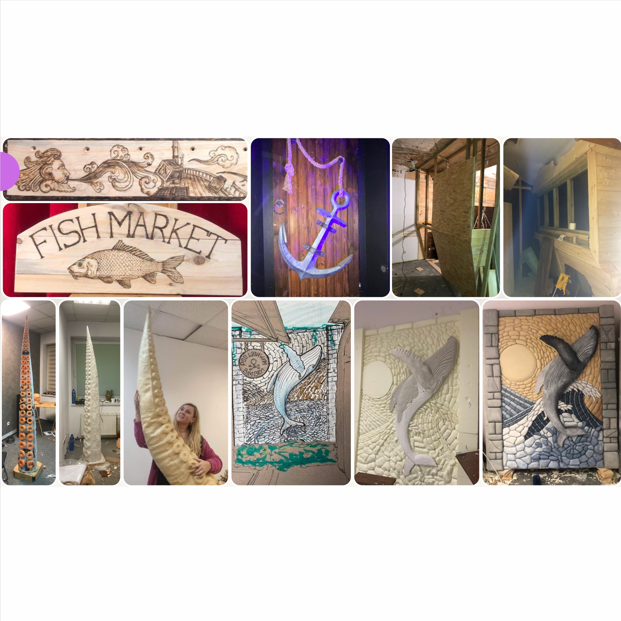 Zestawienie różnorodnych rękodzieł: pirografia z motywem rybnym, kotwica na drewnie, konstrukcja drewniana, kolumna z pączkami, rzeźba wieloryba i mozaika z wielorybem.