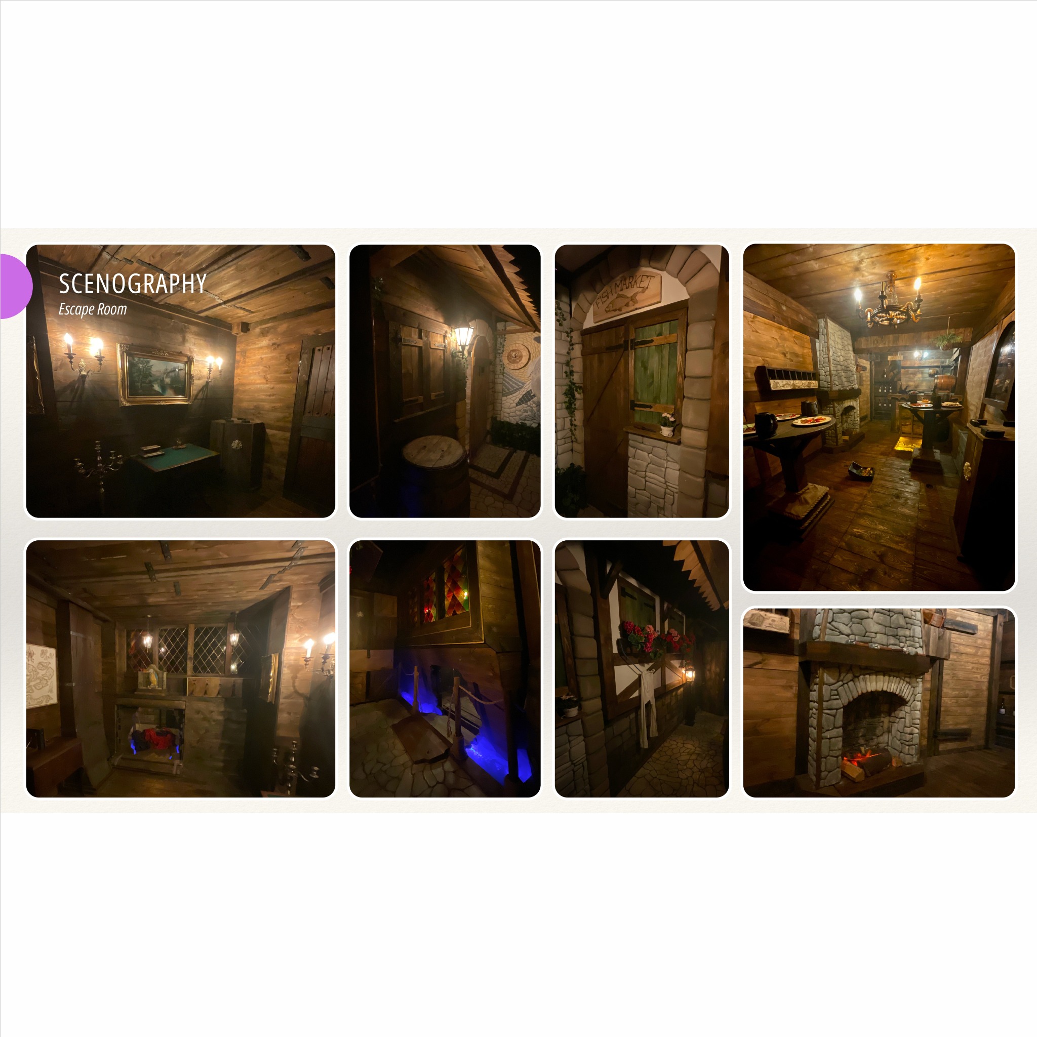 Kolaż zdjęć z escape roomu: drewniane ściany, rekwizyty, oświetlenie tworzące unikalny klimat. Dekoracje imitujące różne epoki i style, detale scenograficzne.