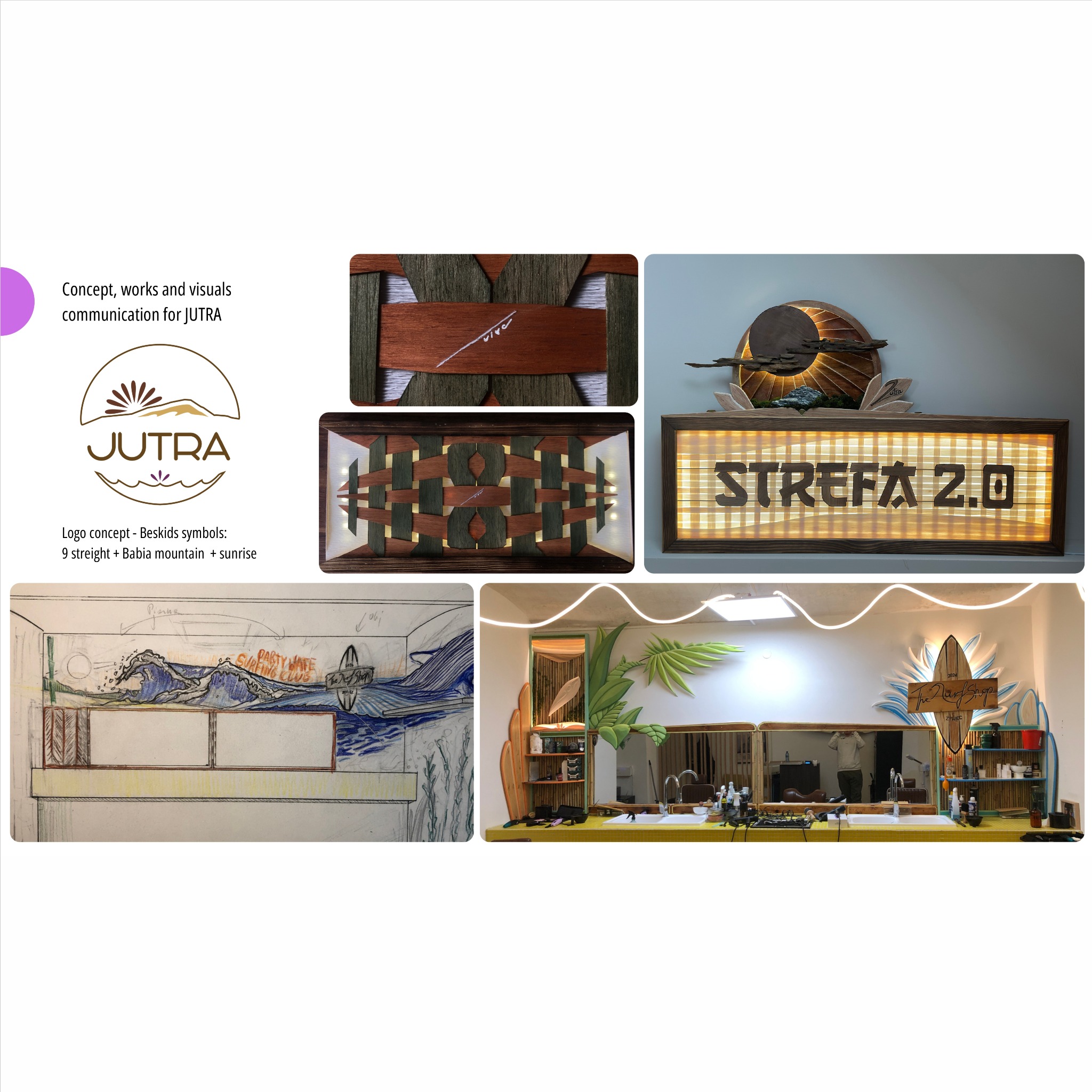 Koncepcja wizualna marki JUTRA: logo z motywami Beskidów, drewniane elementy dekoracyjne, projekt wnętrza z motywem fal i surfingu, podświetlany napis 'STREFA 2.0'.