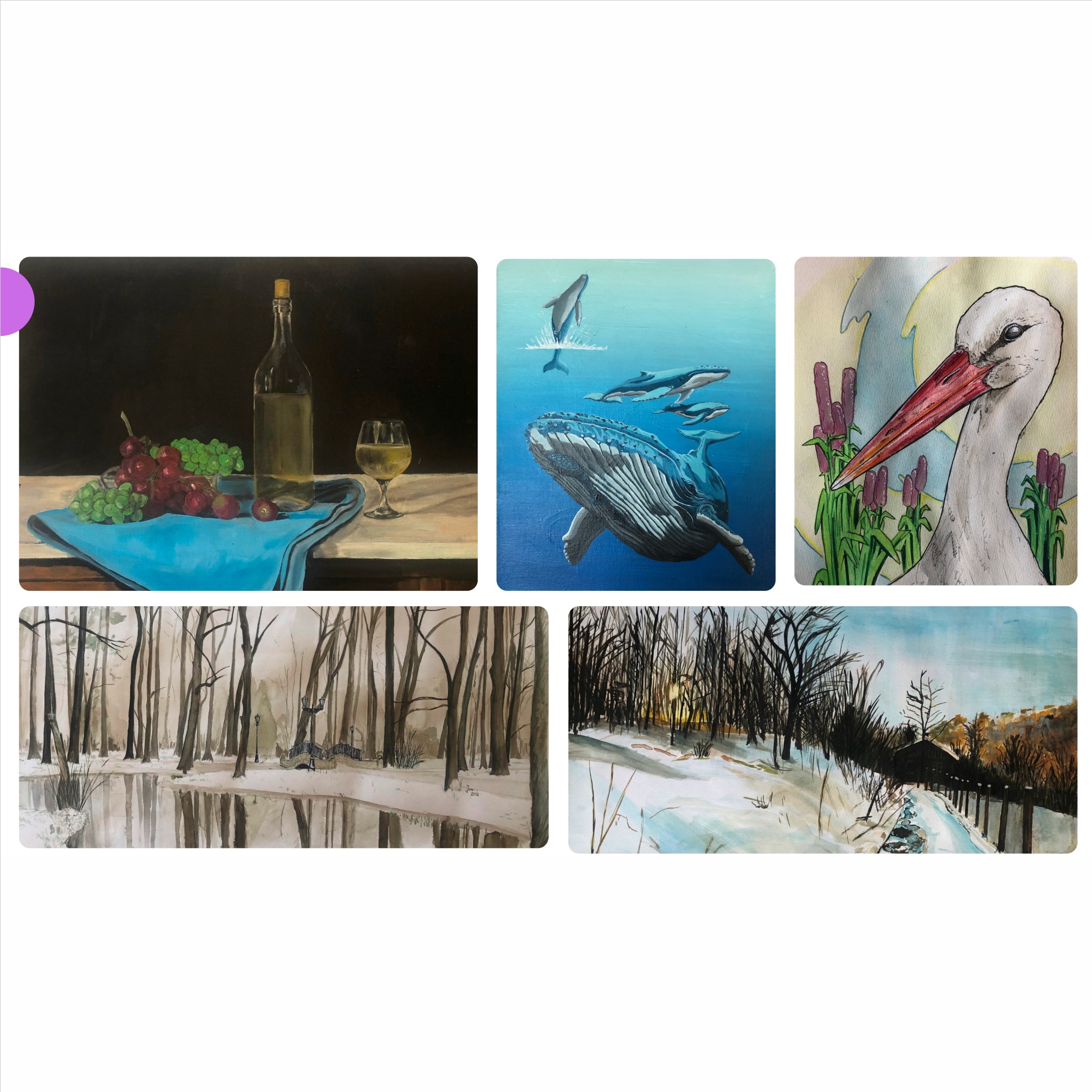 Zestaw pięciu obrazów: martwa natura z winem i owocami, wieloryby w oceanie, bocian, zimowy krajobraz z rzeką i drzewami, zimowy krajobraz z budynkiem. Różne techniki malarskie.