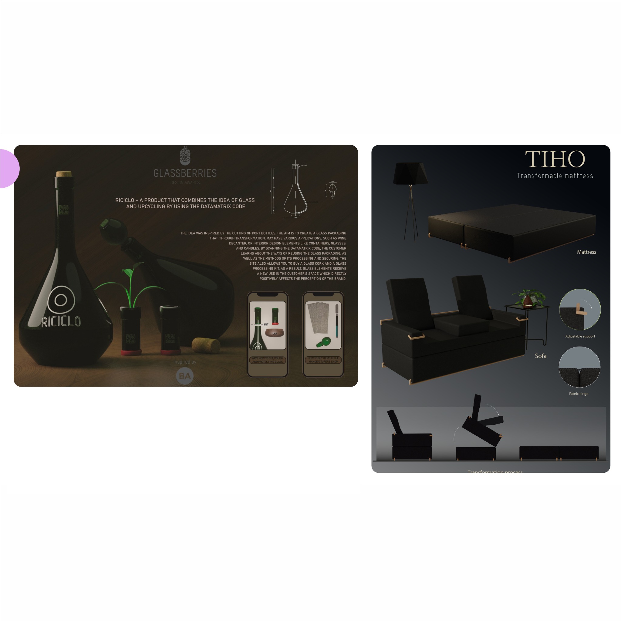 Grafika prezentująca dwa projekty: upcykling szklanych butelek na doniczki i karafki oraz transformowalny materac z funkcją sofy. Minimalistyczny design, ciemna kolorystyka.