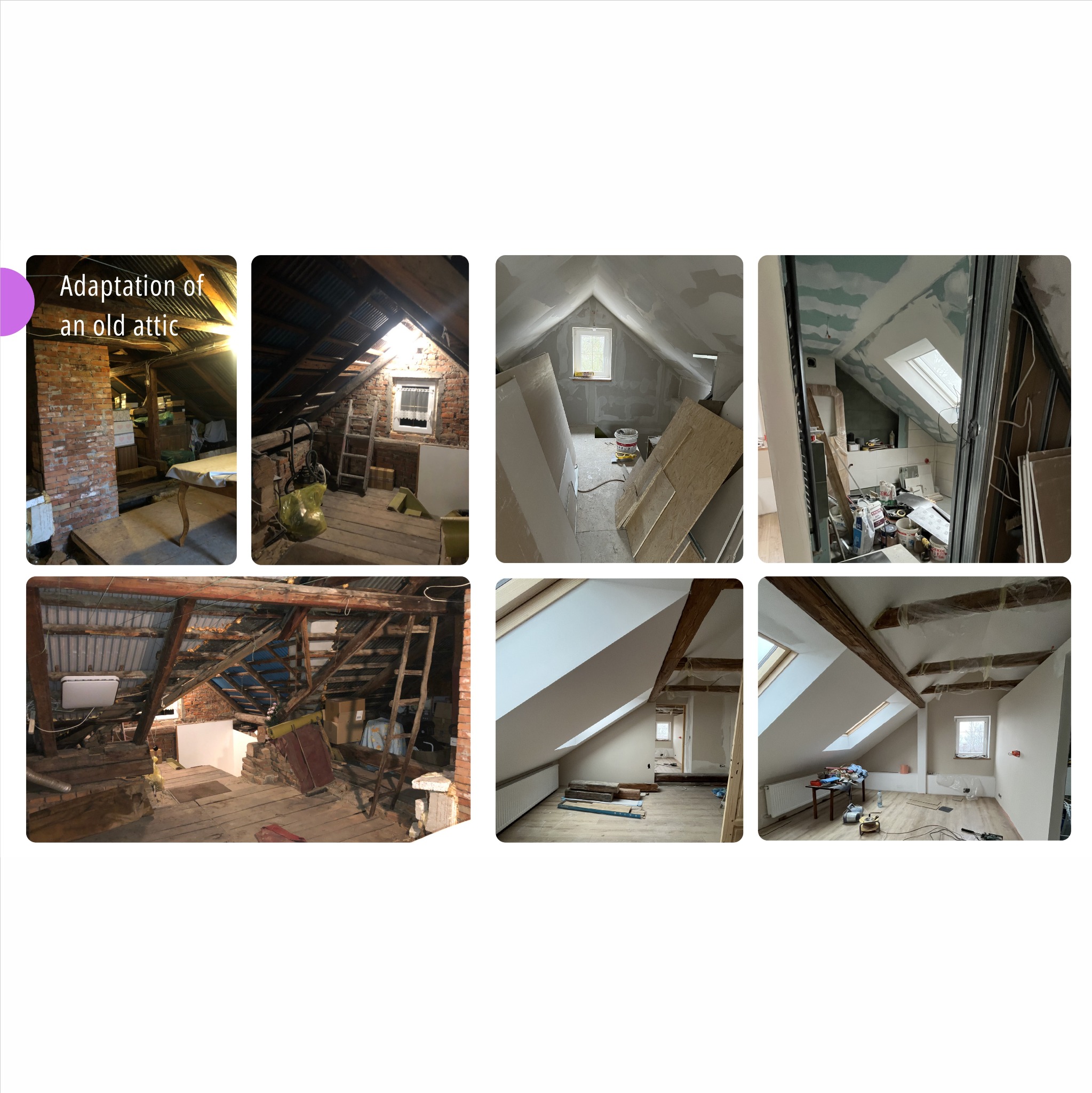 Kolaż sześciu zdjęć prezentujących etapy adaptacji poddasza: od stanu surowego z cegłą i drewnem po wykończone wnętrze z oknami dachowymi i gładkimi ścianami.