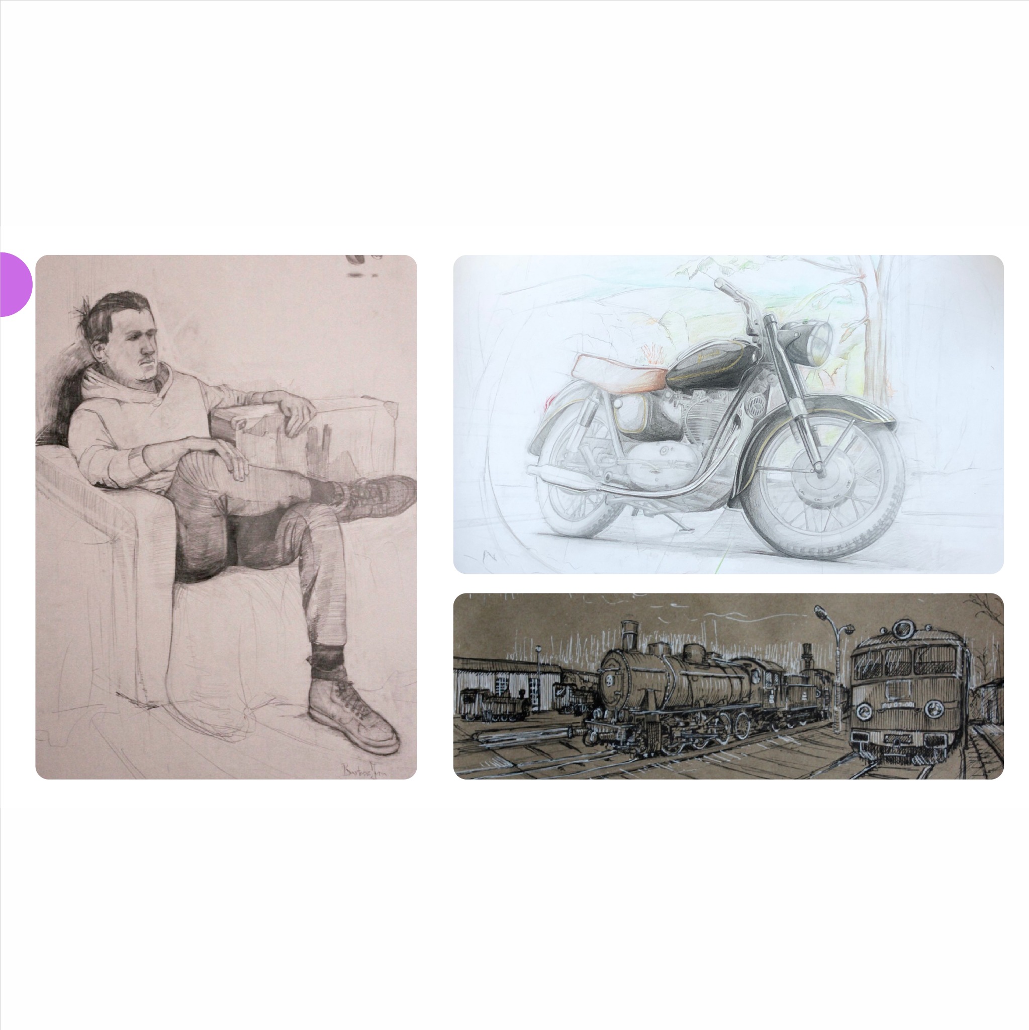 Szkice ołówkiem: portret mężczyzny siedzącego w fotelu, motocykl w trakcie szkicowania i parowóz na stacji kolejowej. Różne style i etapy tworzenia.