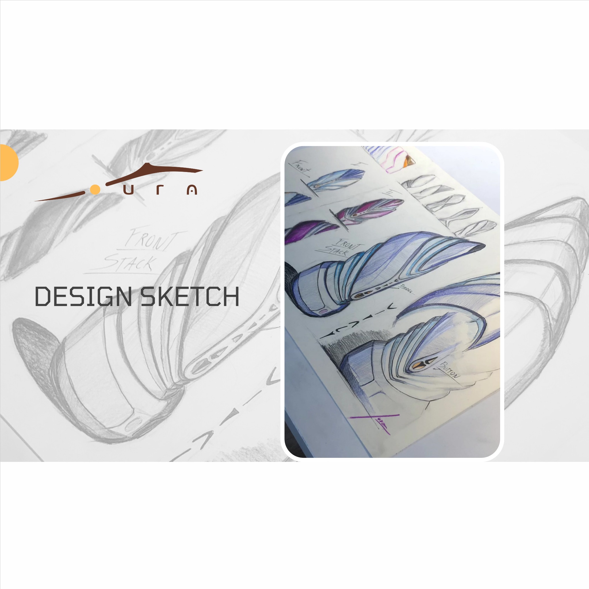 Szkice koncepcyjne produktu z napisem 'Design Sketch' i logotypem firmy. Ręcznie rysowane projekty z detalami, w tym oznaczenia 'Button' i 'Diodes'.