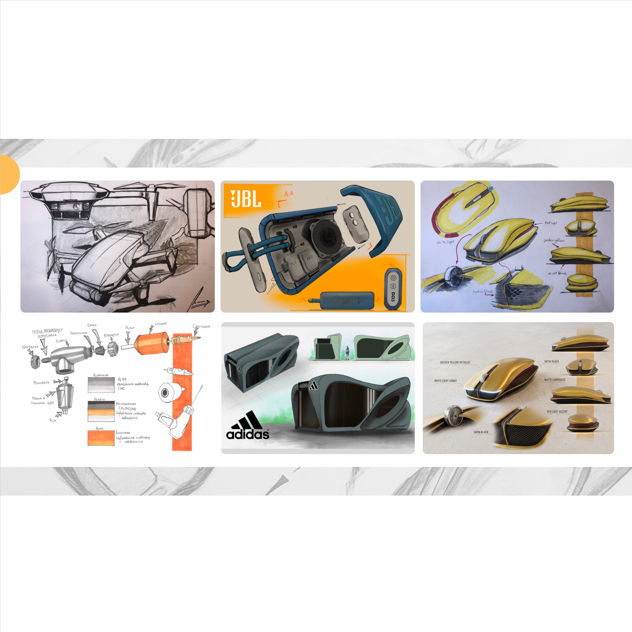 Zestaw szkiców koncepcyjnych produktów: głośnik JBL, budynek Adidas, myszka komputerowa. Różne techniki rysunku, od szkicu ołówkiem po kolorowe ilustracje.