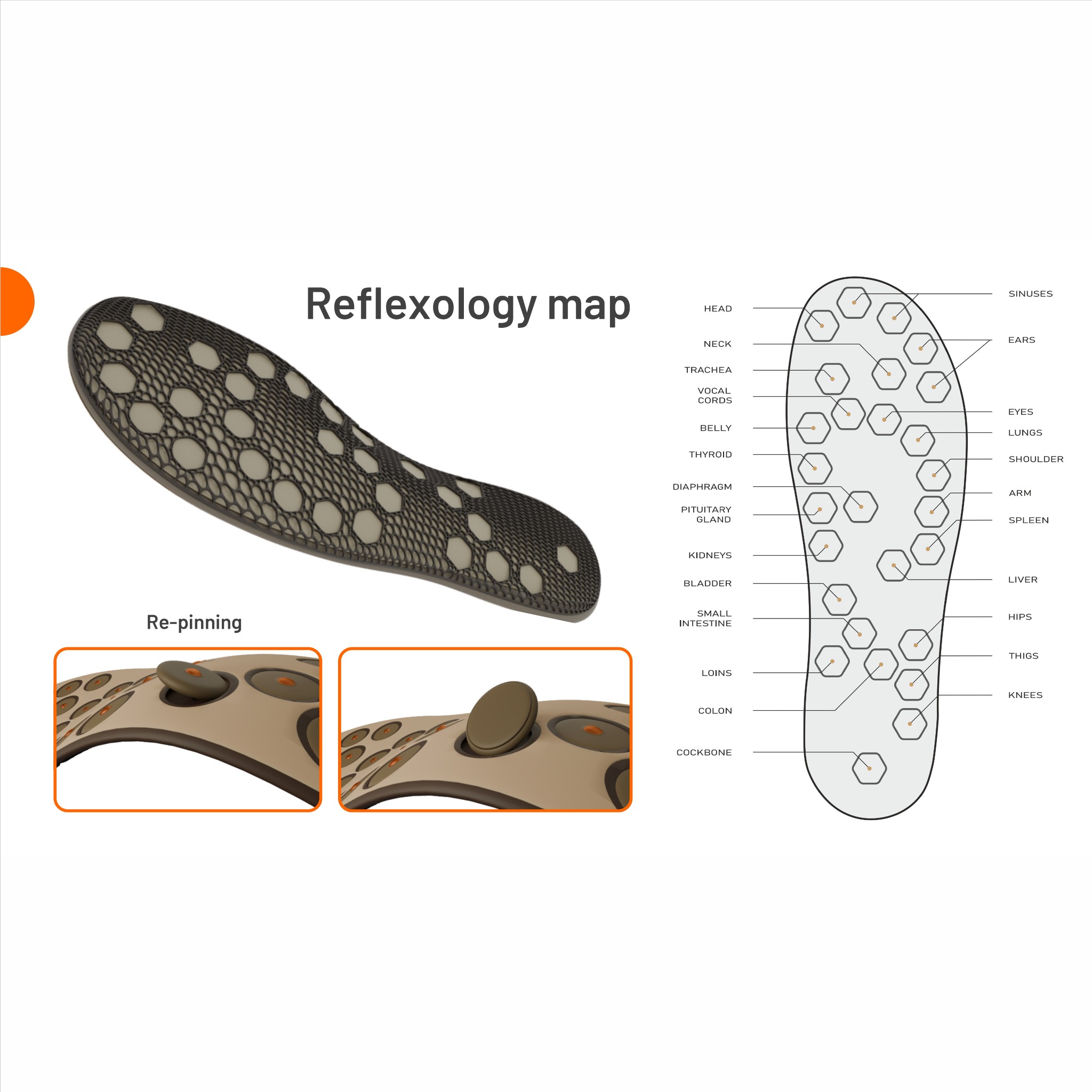 Grafika prezentuje mapę refleksologiczną stopy z zaznaczonymi punktami odpowiadającymi różnym organom i częściom ciała. Widoczna wkładka do buta z wypustkami.