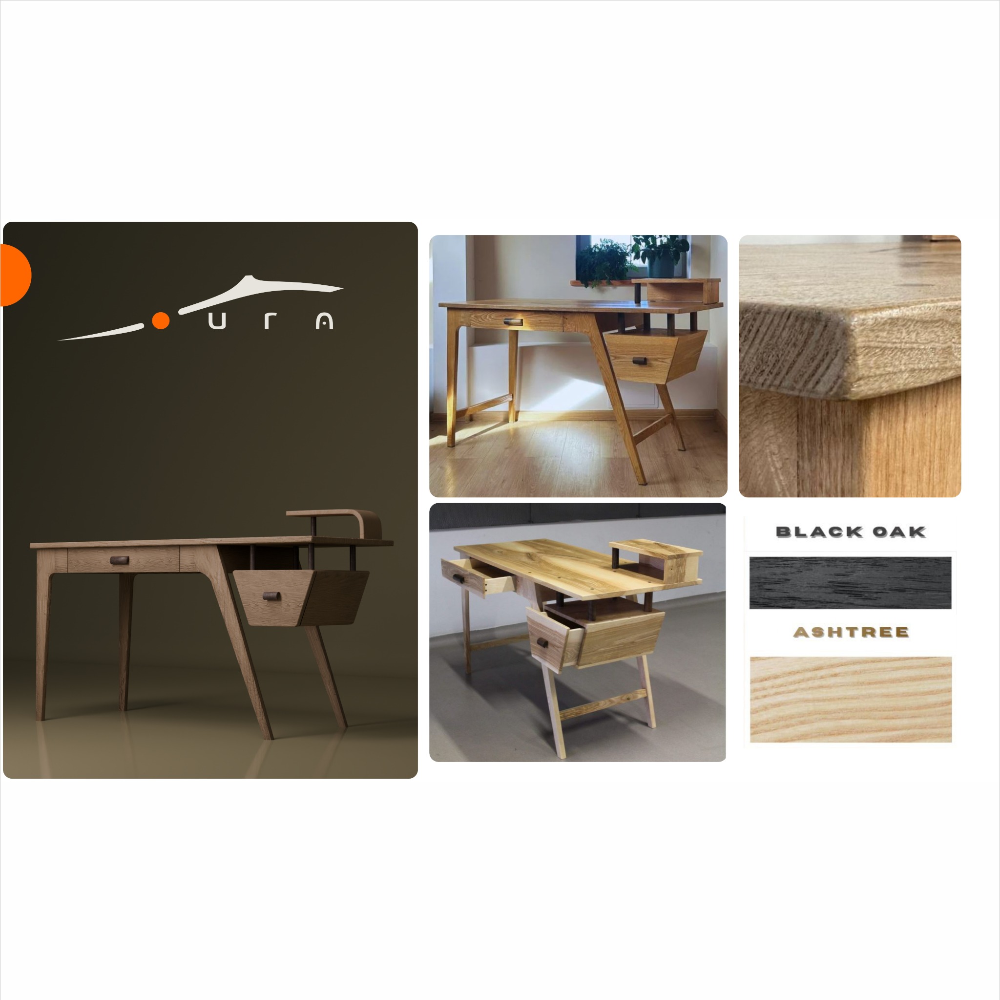 Kompilacja zdjęć biurka z drewna jesionowego w różnych ujęciach, prezentująca detale wykończenia i strukturę materiału. Widoczne zbliżenia na krawędzie i próbki kolorystyczne.