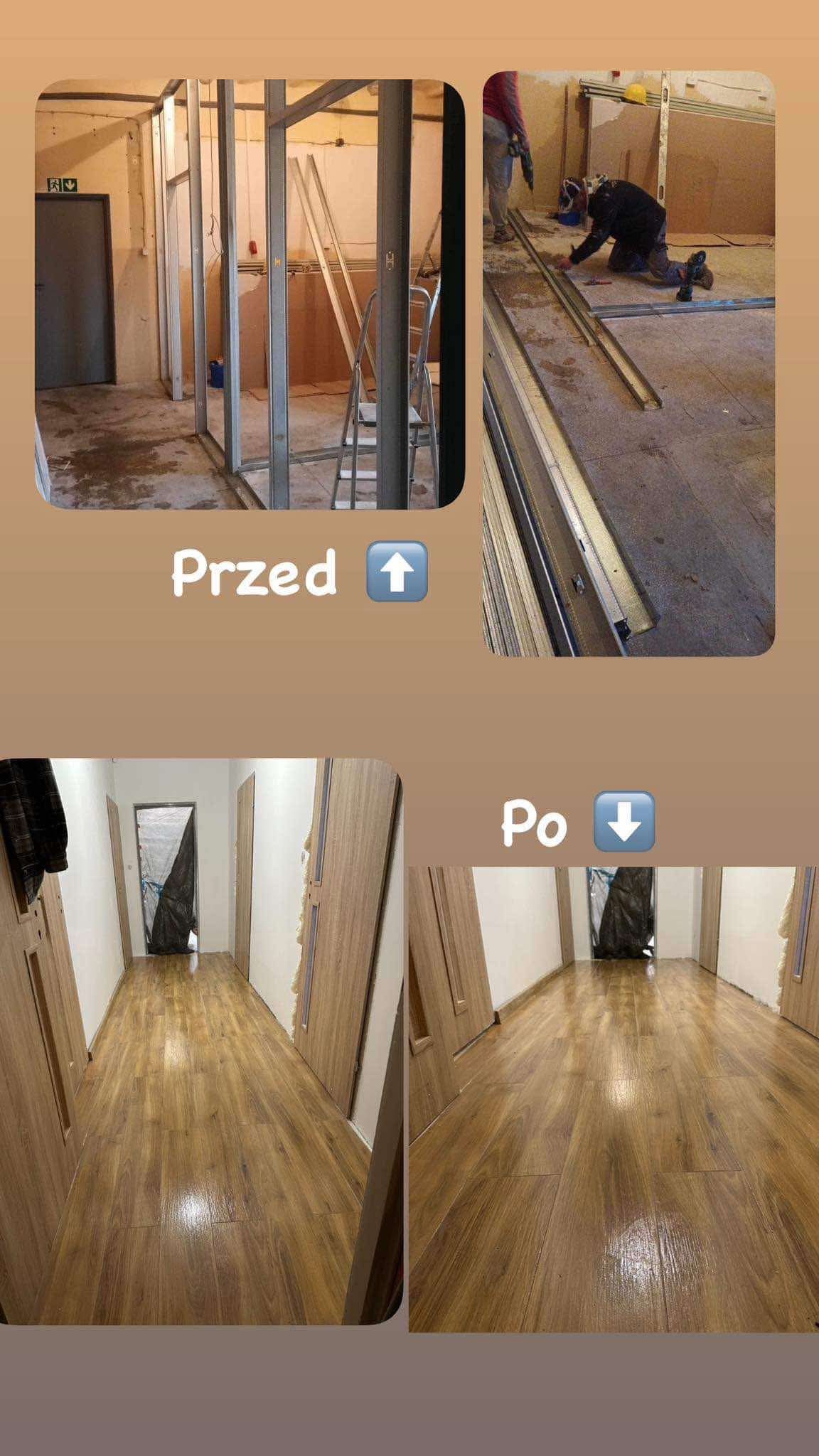 Remont korytarza: od surowych ścian z metalową konstrukcją do wykończonego wnętrza z drewnianą podłogą i nowymi drzwiami. Ujęcie typu 'przed i po'.