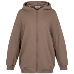 SARA STUDIO - Brązowa bluza z kapturem, zapinana na zamek, z logo marki na metce. Gładki materiał, mankiety i dół ze ściągaczem. Zdjęcie na białym tle.