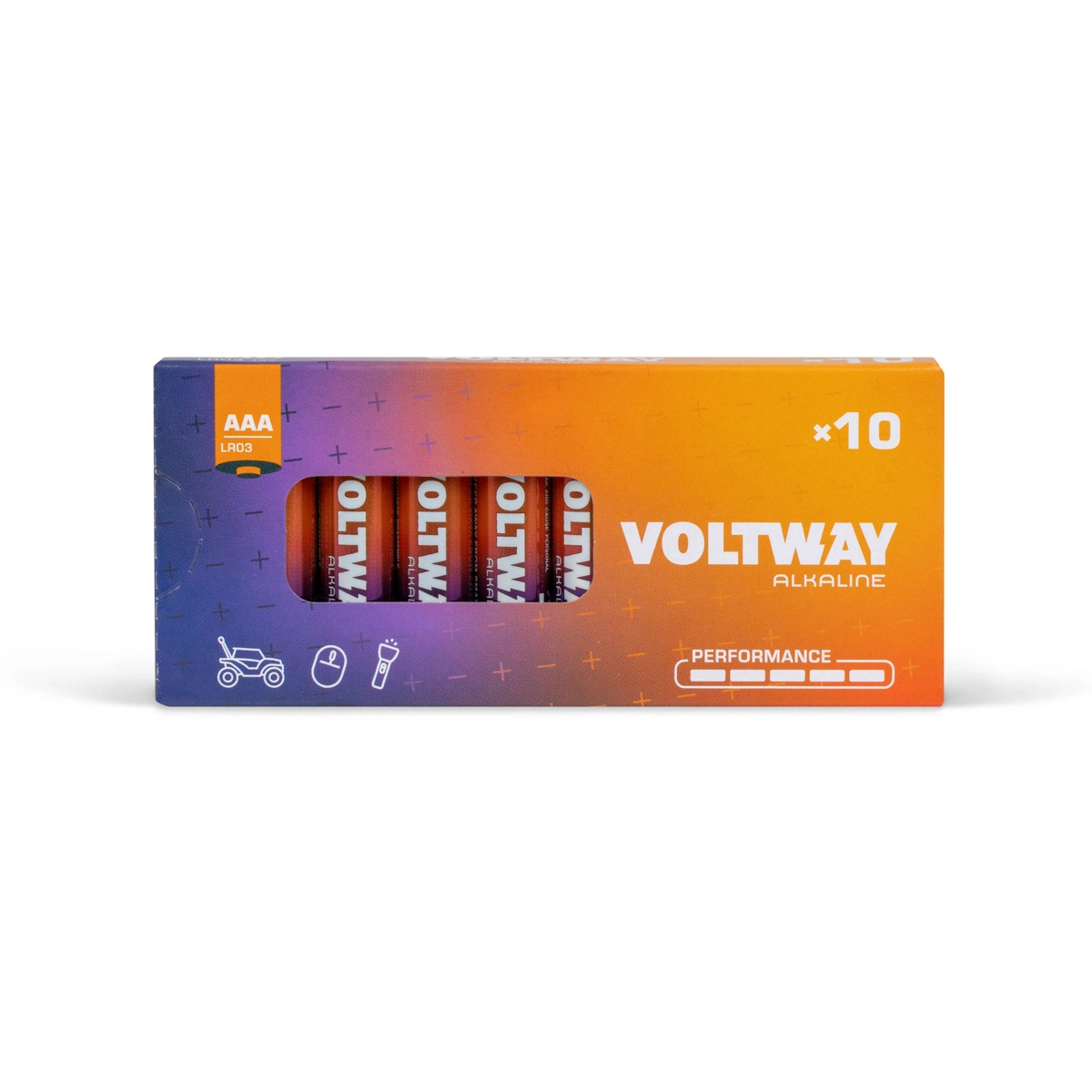 Pudełko dziesięciu baterii alkalicznych AAA Voltway, z widocznymi czterema bateriami wewnątrz, na białym tle. Opakowanie w odcieniach fioletu i pomarańczy z ikonami zastosowań.