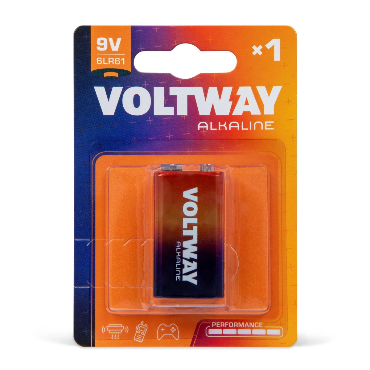 Bateria alkaliczna 9V Voltway w pomarańczowo-niebieskim opakowaniu z oznaczeniami wydajności i symbolami urządzeń, na białym tle.