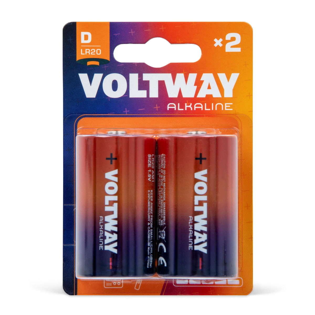 Bateria alkaliczna VOLTWAY LR20 w opakowaniu, widoczne dwie sztuki. Opakowanie w kolorach niebieskim i pomarańczowym. Baterie w kolorach czerwonym, fioletowym i czarnym.