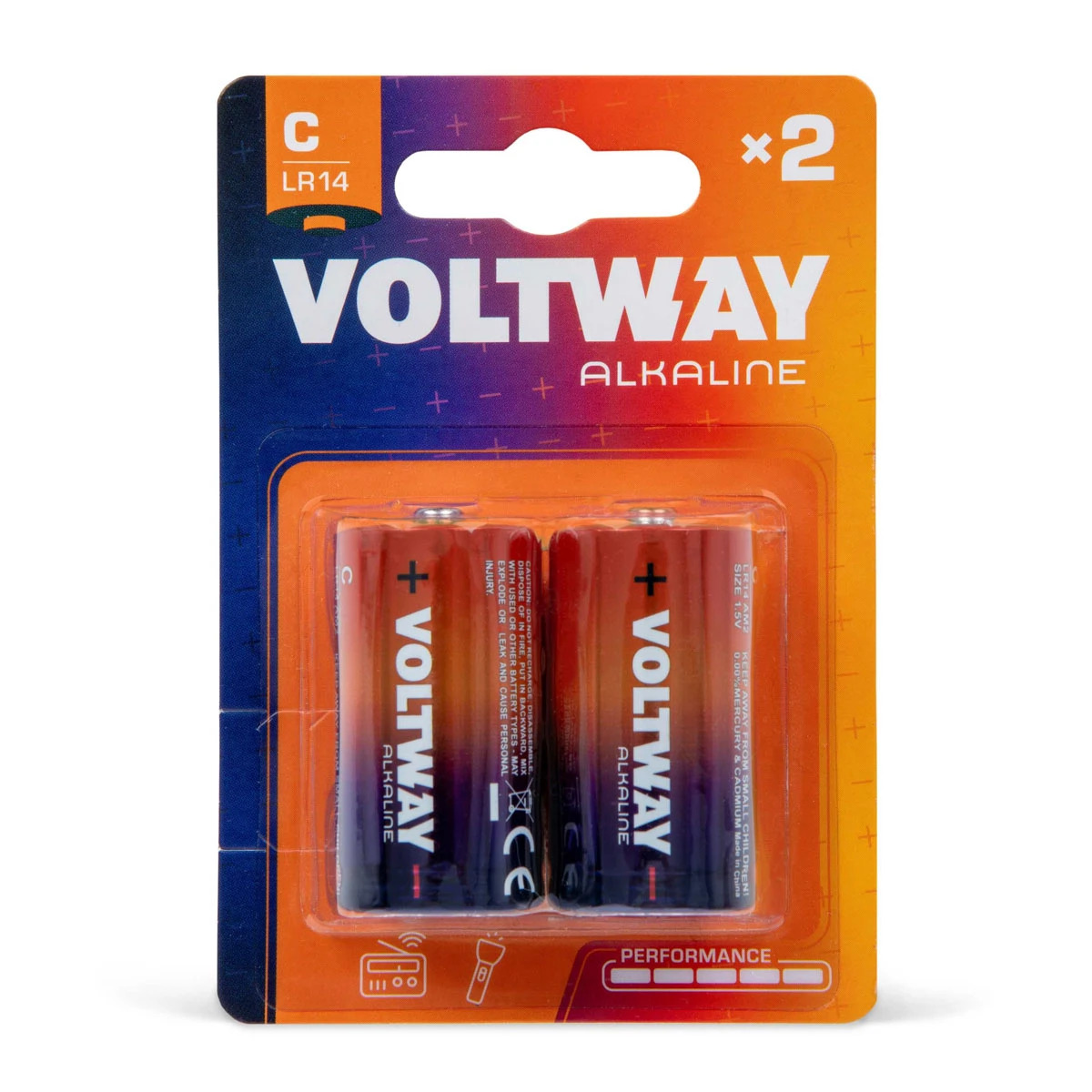 Bateria alkaliczna VOLTWAY LR14 w pomarańczowo-niebieskim opakowaniu, widoczne dwie sztuki. Na opakowaniu ikony urządzeń, do których można użyć baterii.