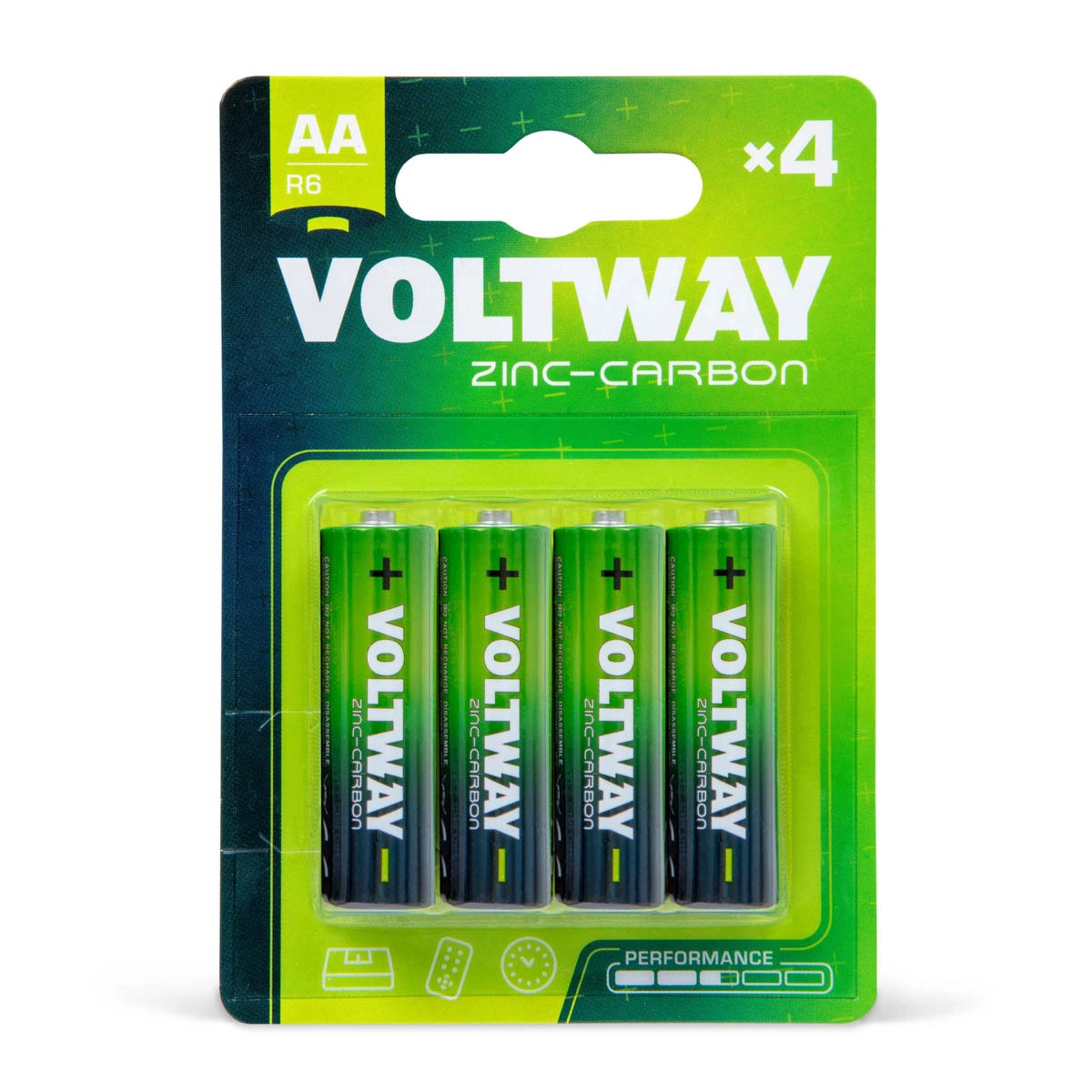 Cztery zielone baterie cynkowo-węglowe AA Voltway w opakowaniu, widoczne oznaczenia napięcia i wydajności. Produkt na białym tle, ostre światło.