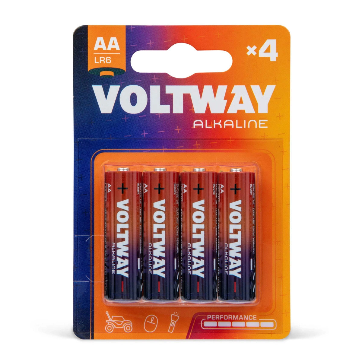 Zestaw czterech baterii alkalicznych AA marki Voltway w opakowaniu. Widoczne logo, oznaczenia napięcia i ostrzeżenia. Produkt na jednolitym tle, ostre detale.