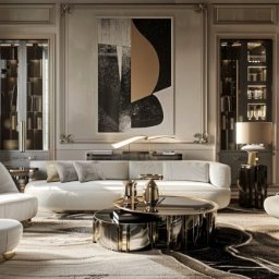 H.P. Agencja Nieruchomości - Elegancki salon w stylu glamour: biała sofa, okrągłe stoliki kawowe ze złotymi akcentami, abstrakcyjny obraz i dekoracyjne oświetlenie. Luksusowe wykończenie wnętrz.