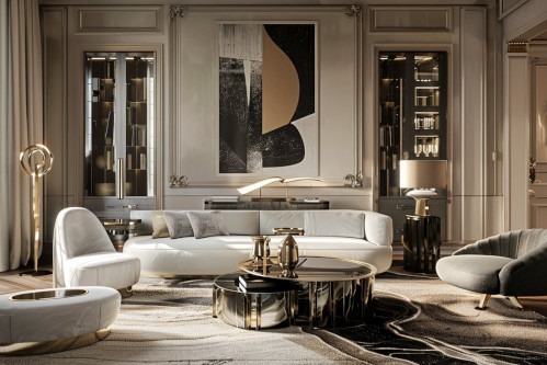 Elegancki salon w stylu glamour: biała sofa, okrągłe stoliki kawowe ze złotymi akcentami, abstrakcyjny obraz i dekoracyjne oświetlenie. Luksusowe wykończenie wnętrz.