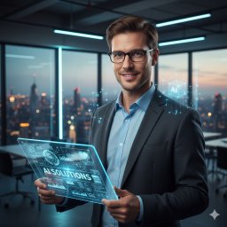 Nazar Tomkiv - Uśmiechnięty mężczyzna w garniturze prezentuje futurystyczny tablet z napisem 'AI SOLUTIONS' na tle biura z widokiem na miasto o zmierzchu. Graficzne elementy AI unoszą się w powietrzu.