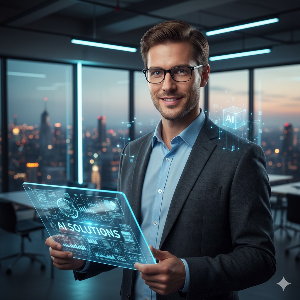 Uśmiechnięty mężczyzna w garniturze prezentuje futurystyczny tablet z napisem 'AI SOLUTIONS' na tle biura z widokiem na miasto o zmierzchu. Graficzne elementy AI unoszą się w powietrzu.