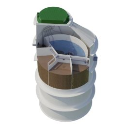 Firma Wielobranżowa Szymon Swacha - Przekrój 3D oczyszczalni: biała konstrukcja z zieloną pokrywą, widoczne wewnętrzne komory z wodą i filtrem gruntowym. Schemat działania instalacji.