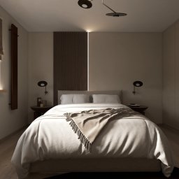 Zinna Interiors - Nowoczesna sypialnia z łóżkiem, drewnianym panelem dekoracyjnym z podświetleniem i minimalistycznymi lampkami nocnymi. Stonowana kolorystyka i drewniana podłoga.