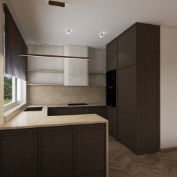 Zinna Interiors - Wizualizacja kuchni z wyspą, fronty w odcieniach brązu, marmurowy blat i ściana nad blatem, drewniana podłoga w jodełkę, nowoczesne oświetlenie.