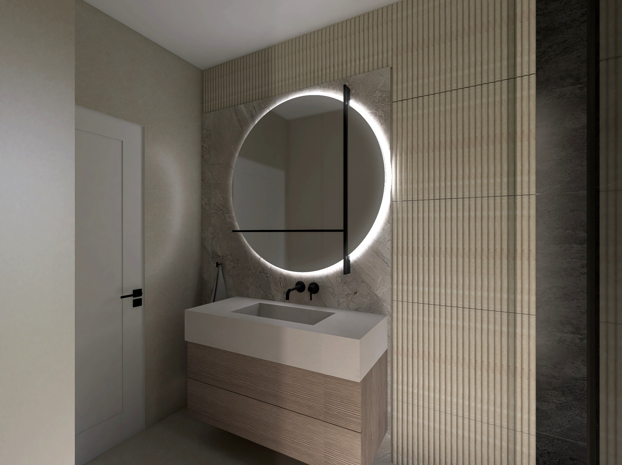 Nowoczesna łazienka z okrągłym lustrem LED, umywalką nablatową i drewnianą szafką. Ściany wykończone płytkami w odcieniach beżu i szarości. Minimalistyczny design.