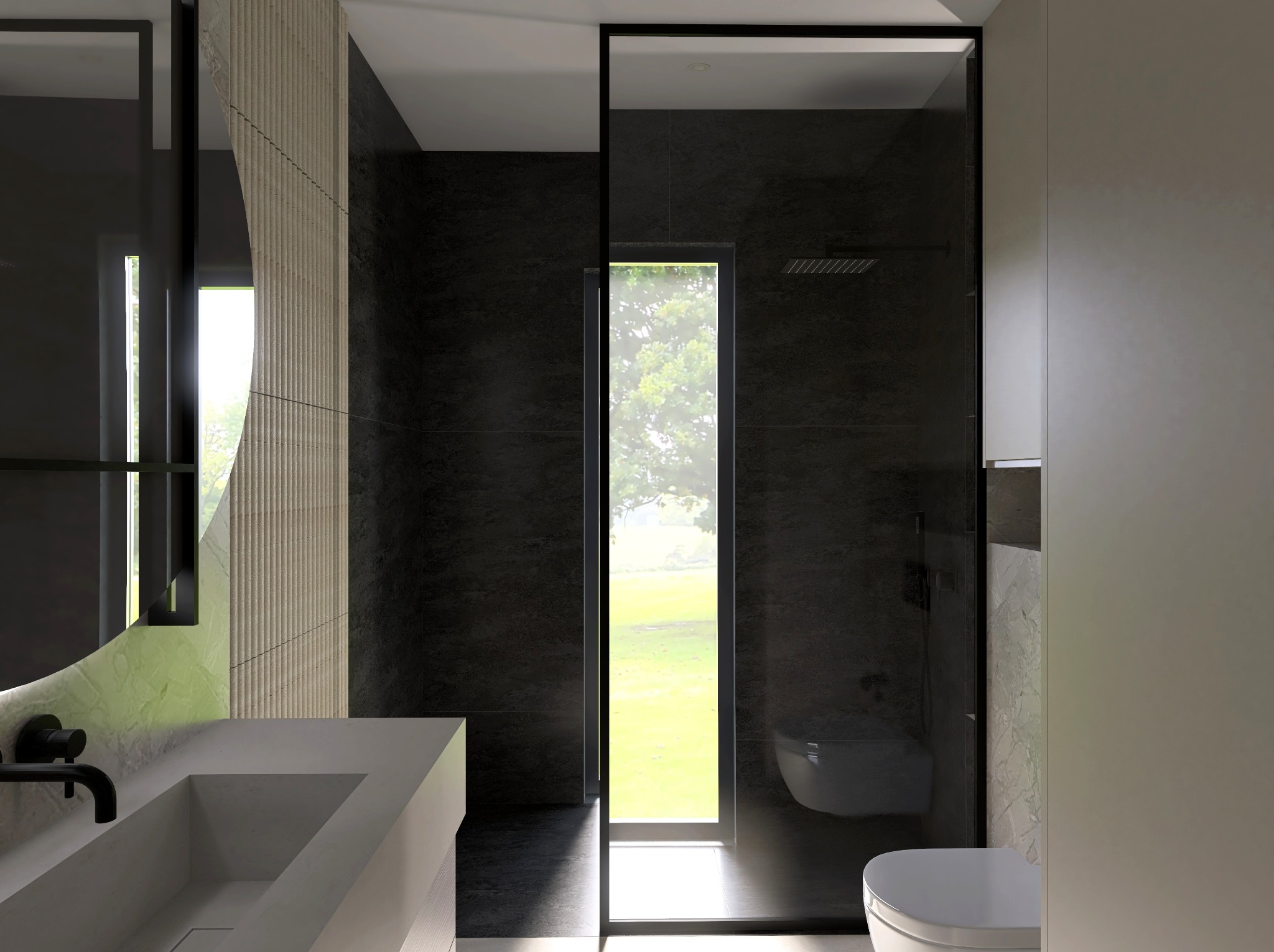 Nowoczesna łazienka z czarnymi płytkami, kabiną prysznicową typu walk-in i umywalką z lustrem. Widok na zieleń przez okno. Minimalistyczny design z akcentami tekstury.