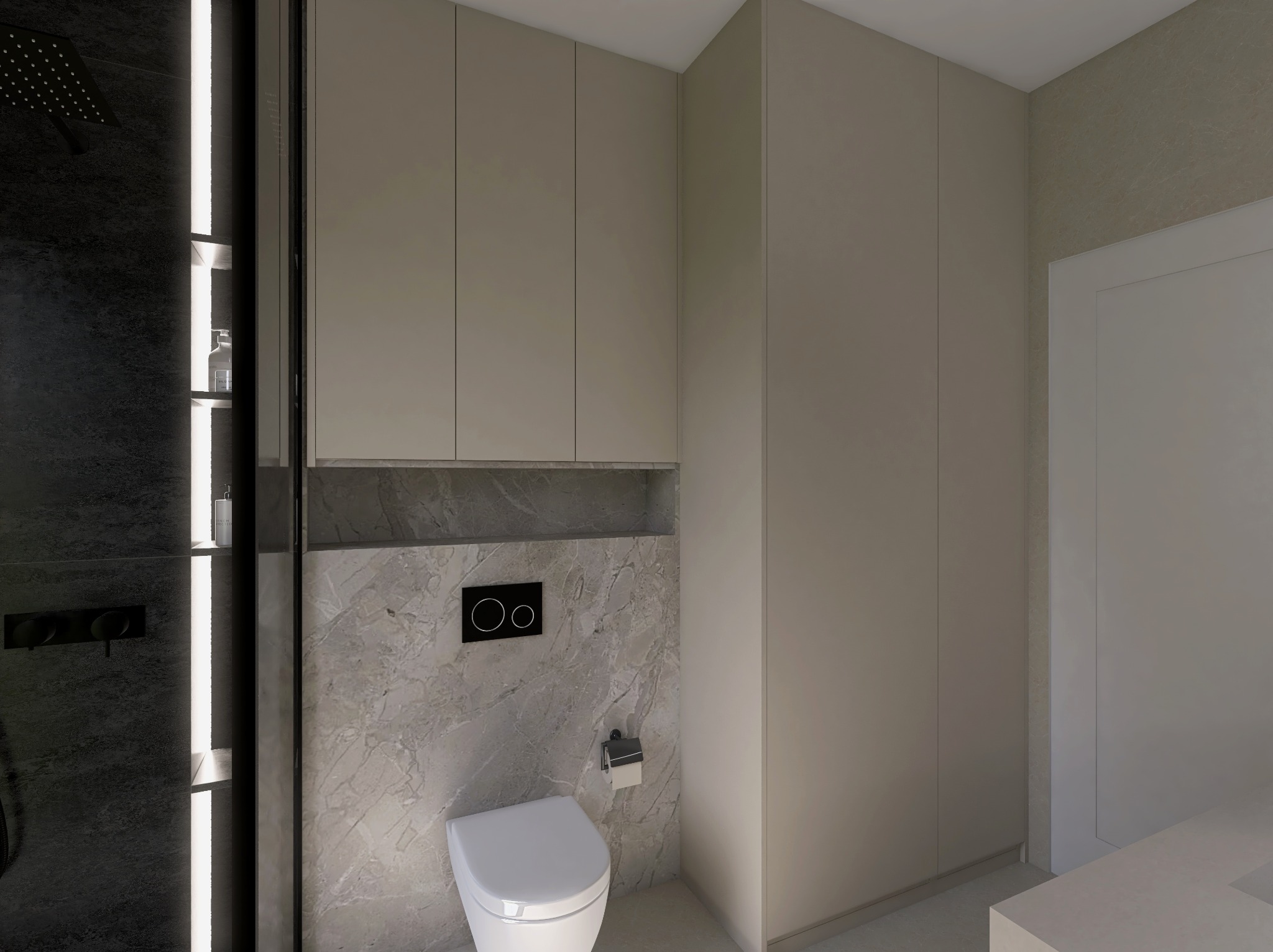 Nowoczesna łazienka z kabiną prysznicową typu walk-in, podwieszaną toaletą i szafkami w odcieniach beżu. Marmurowe wykończenie ściany z czarnym przyciskiem spłukującym.