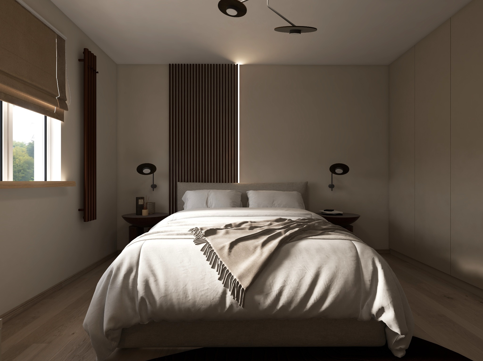 Nowoczesna sypialnia z łóżkiem, drewnianym panelem dekoracyjnym z podświetleniem i minimalistycznymi lampkami nocnymi. Stonowana kolorystyka i drewniana podłoga.