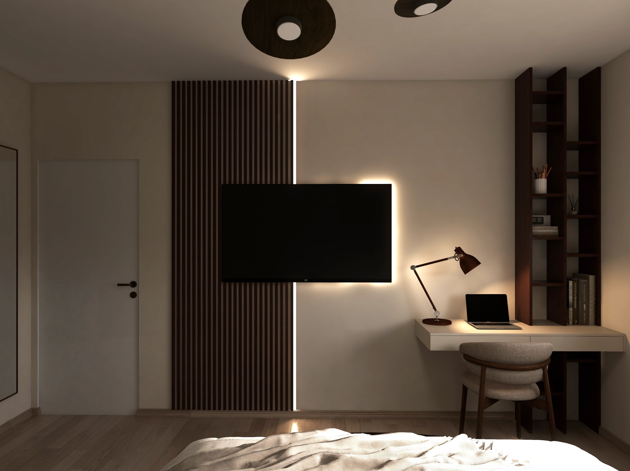 Nowoczesna sypialnia z biurkiem, lampką i telewizorem podświetlonym LED. Drewniane lamele na ścianie i minimalistyczne oświetlenie sufitowe. Ciepłe, stonowane barwy.