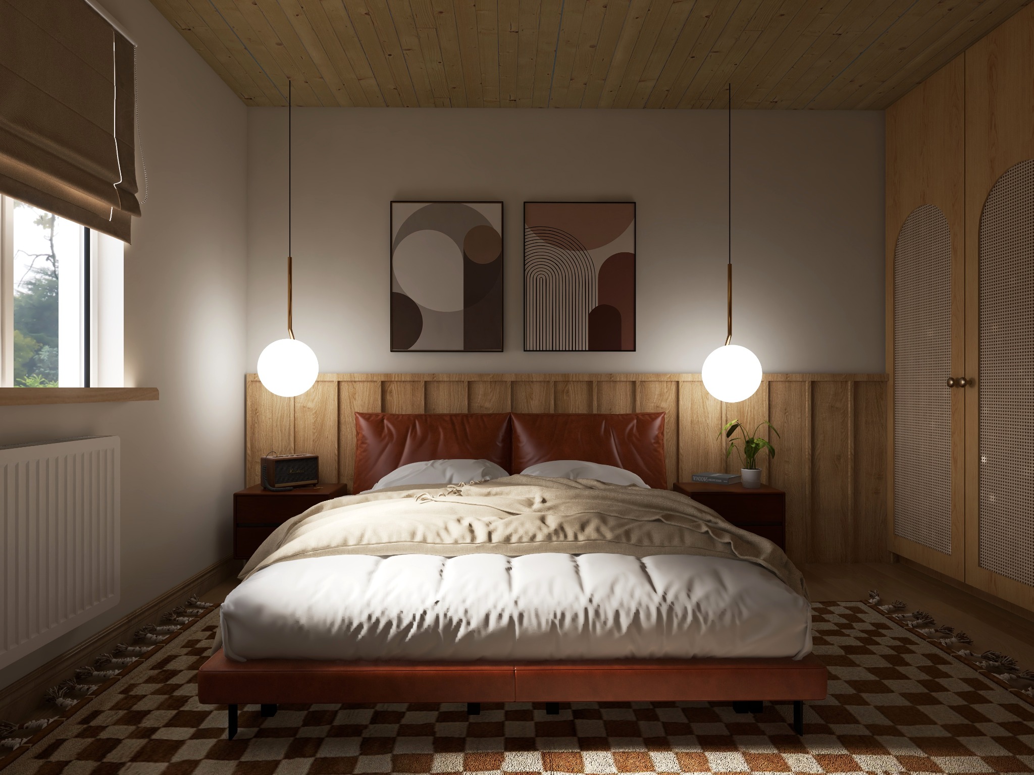 Przytulna sypialnia w stylu boho z drewnianym wykończeniem, łóżkiem z brązowym zagłówkiem i wzorzystym dywanem. Dwie lampy wiszące i grafiki na ścianie dodają charakteru.