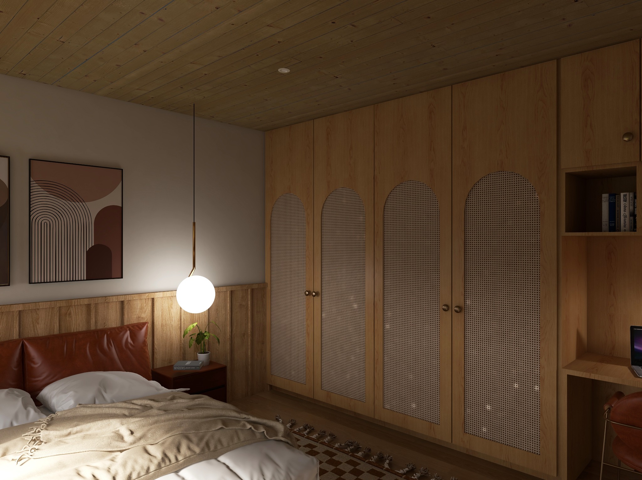 Przytulna sypialnia z drewnianym sufitem, łóżkiem z brązowym zagłówkiem i szafą z rattanowymi wstawkami. Na ścianie grafiki w ciepłych barwach i lampa wisząca.
