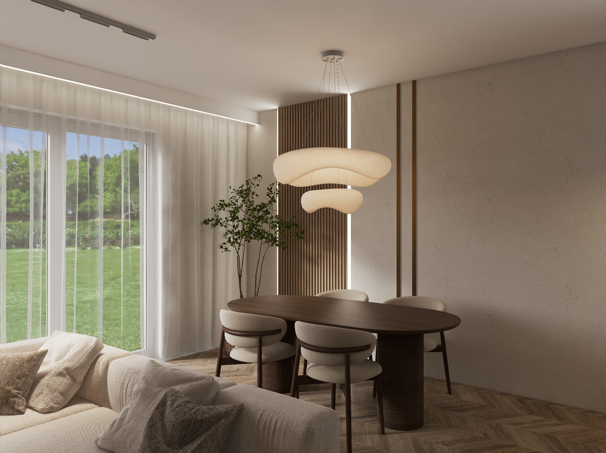 Nowoczesna aranżacja salonu z jadalnią: drewniany stół z krzesłami, sofa z poduszkami, parkiet w jodełkę, designerska lampa i duże okno z widokiem na ogród.