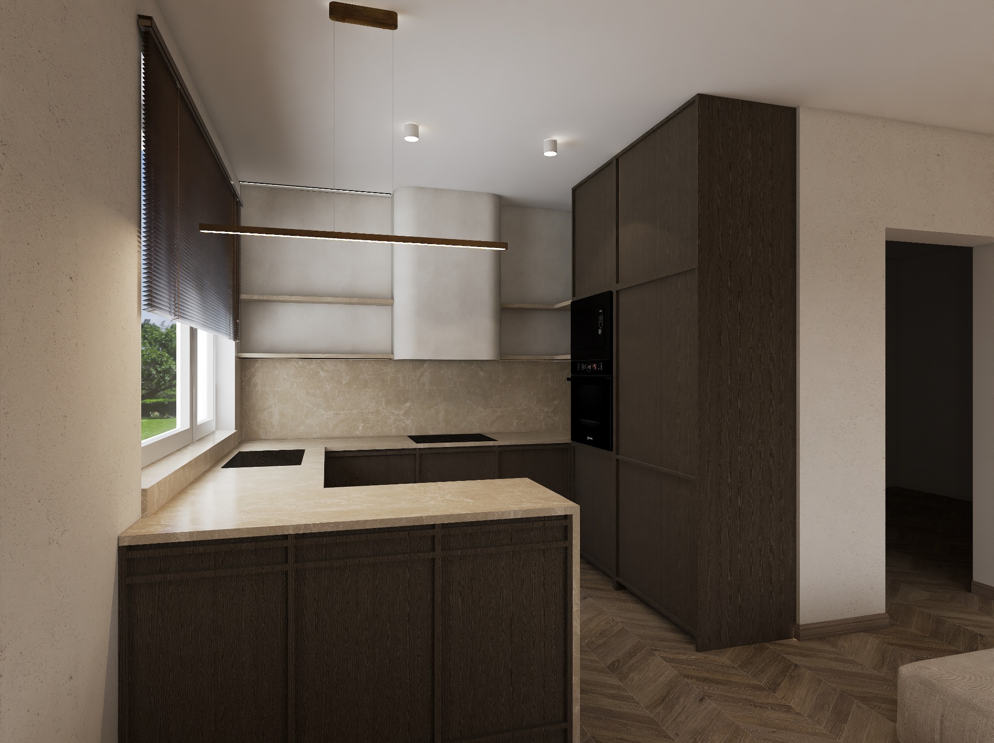 Wizualizacja kuchni z wyspą, fronty w odcieniach brązu, marmurowy blat i ściana nad blatem, drewniana podłoga w jodełkę, nowoczesne oświetlenie.