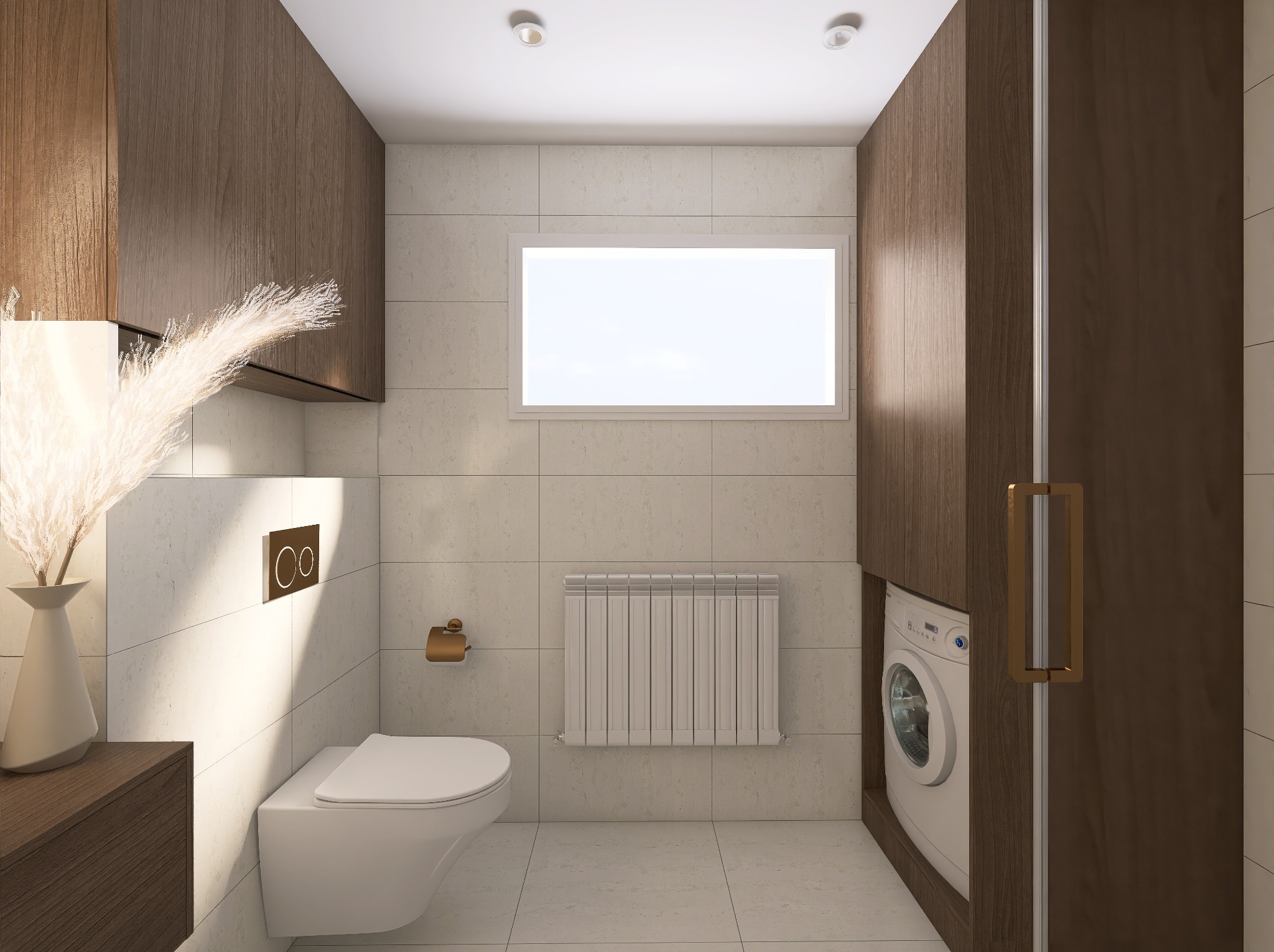 Nowoczesna łazienka z pralką ukrytą w zabudowie, wiszącą toaletą i grzejnikiem pod oknem. Uwagę przykuwa dekoracyjna trawa pampasowa w wazonie.