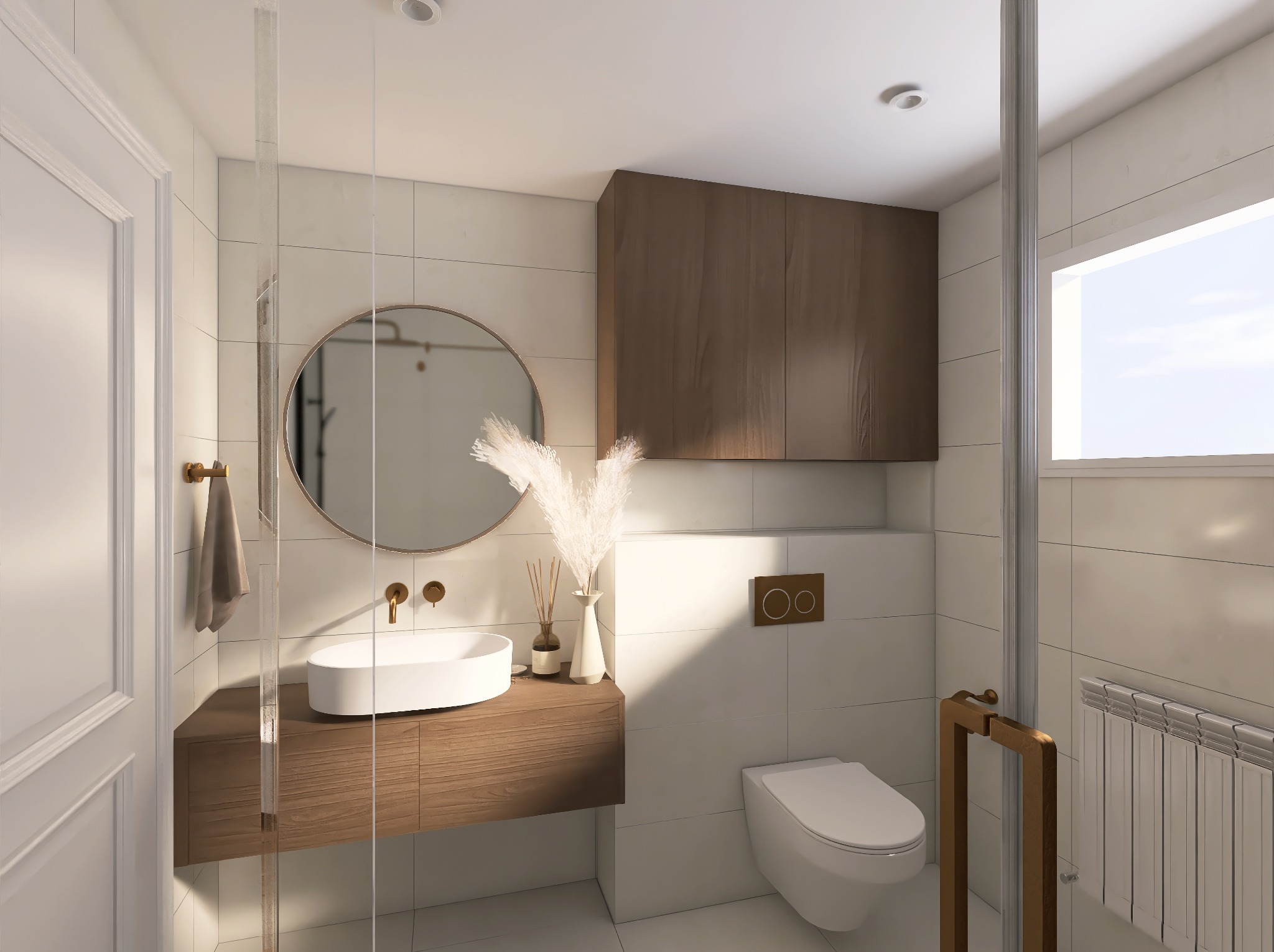 Nowoczesna łazienka z drewnianą szafką pod umywalką, okrągłym lustrem i białymi płytkami. Minimalistyczny design z akcentami w kolorze drewna i złotymi detalami.