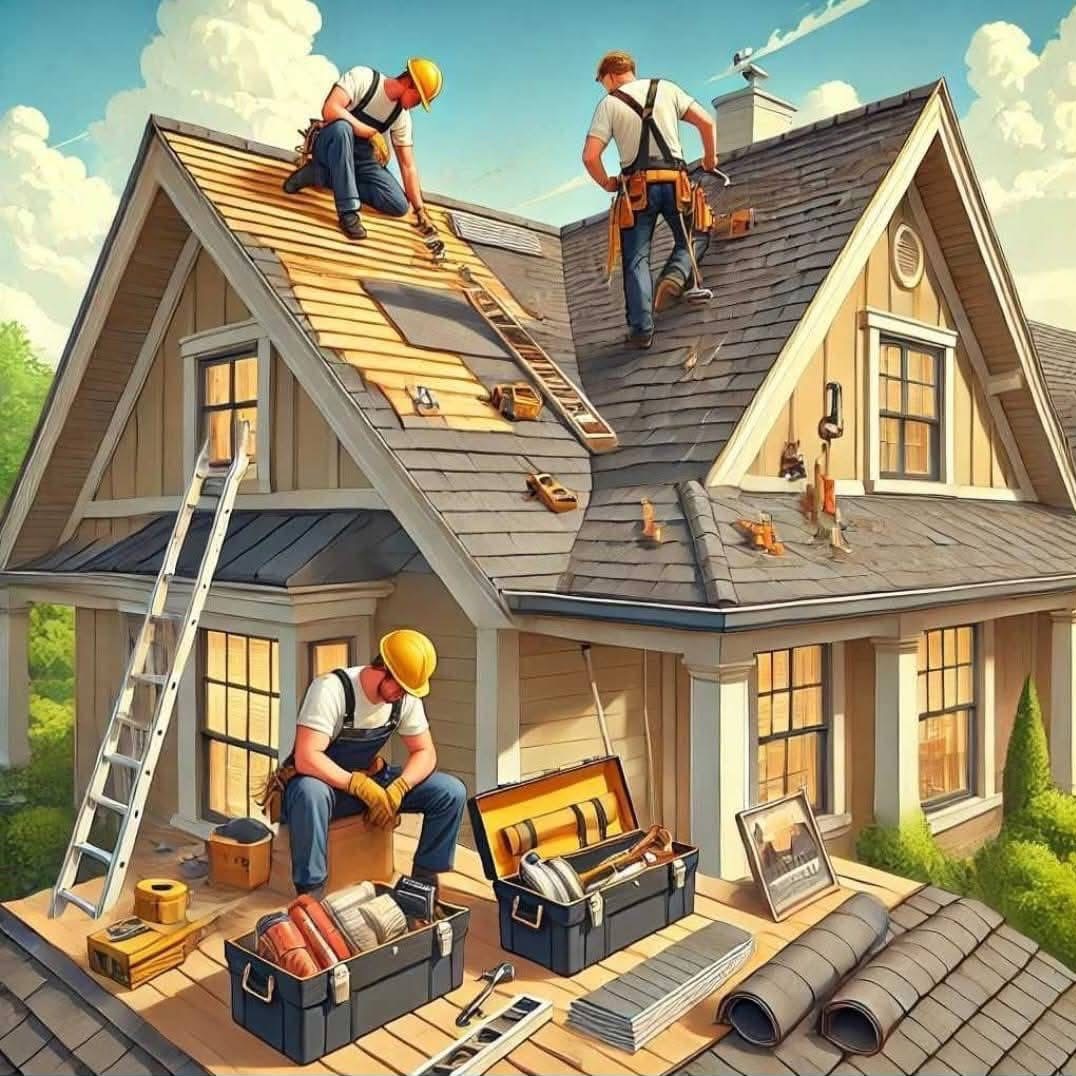 Dekarze w trakcie wymiany pokrycia dachowego na dwuspadowym dachu domu jednorodzinnego. Widoczne narzędzia, drabina i fragmenty nowego poszycia.