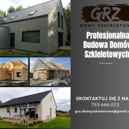 Milena Radwańska MR Creative & Trade studio reklamy, pośrednictwo sprzedaży. - Profesjonalna budowa domów szkieletowych: kolaż prezentujący etapy budowy, od konstrukcji po gotowy dom z tarasem. Kontakt: 793-666-023.