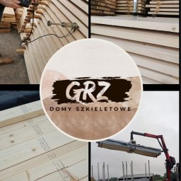 Milena Radwańska MR Creative & Trade studio reklamy, pośrednictwo sprzedaży. - Montaż domów szkieletowych: pomiar wilgotności drewna, załadunek elementów konstrukcyjnych na ciężarówkę. Logo firmy GRZ Domy Szkieletowe w centrum.