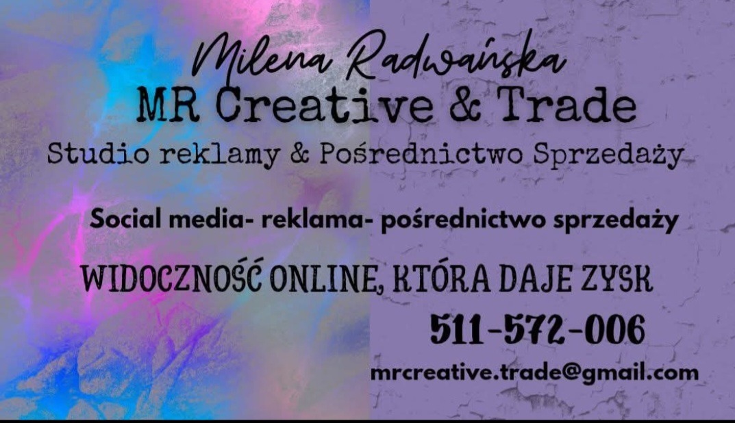 Grafika reklamowa studia 'MR Creative & Trade' z danymi kontaktowymi: numer telefonu i adres e-mail. Fioletowe tło z efektem tekstury i hasłem: Widoczność online, która daje zysk.