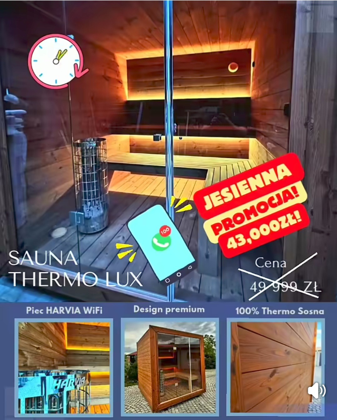 Sauna Thermo Lux z piecem Harvia WiFi, design premium i obniżoną ceną w ramach jesiennej promocji. Wnętrze wykończone drewnem Thermo Sosna.