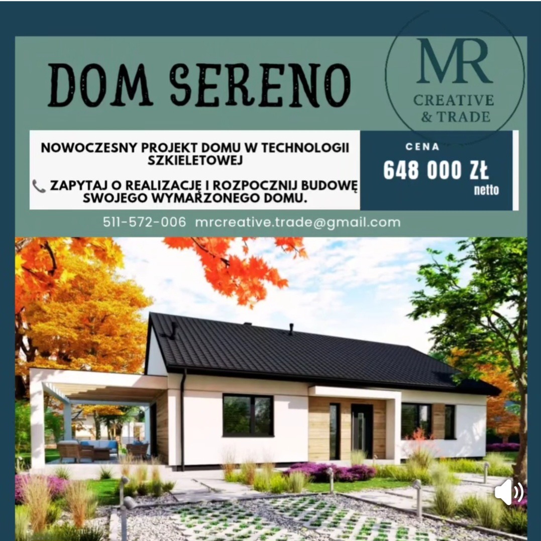 Projekt domu szkieletowego 'Dom Sereno' w Olsztynie. Nowoczesna architektura z elementami drewna i dużymi oknami. Cena 648 000 zł netto. Zapytaj o realizację.