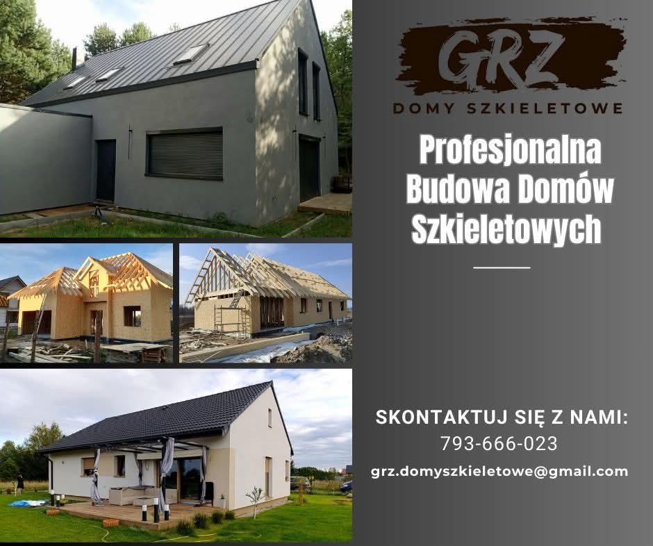 Profesjonalna budowa domów szkieletowych: kolaż prezentujący etapy budowy, od konstrukcji po gotowy dom z tarasem. Kontakt: 793-666-023.