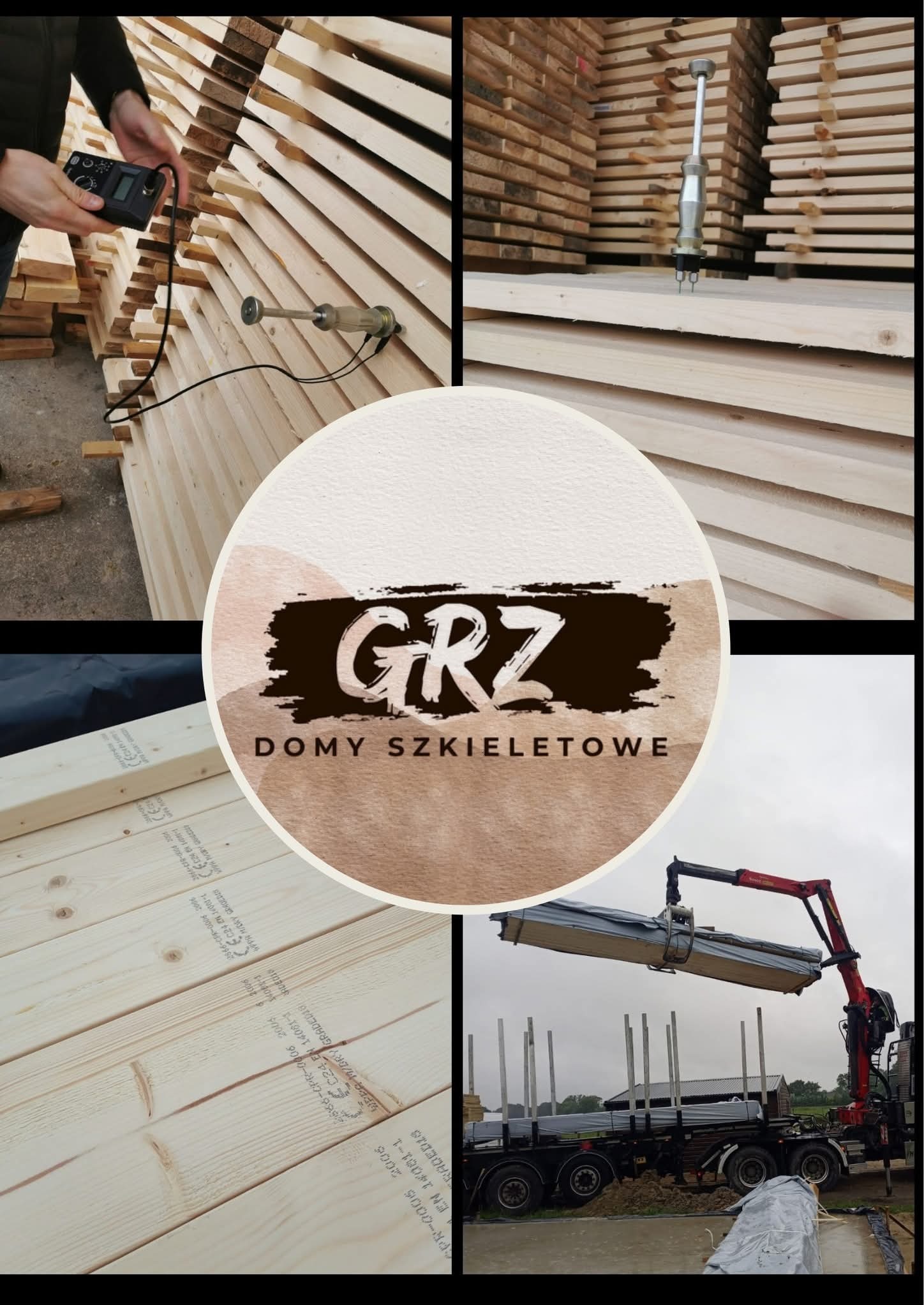 Montaż domów szkieletowych: pomiar wilgotności drewna, załadunek elementów konstrukcyjnych na ciężarówkę. Logo firmy GRZ Domy Szkieletowe w centrum.