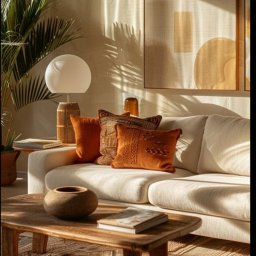 Larimar Estate - Jasne wnętrze z sofą, drewnianym stolikiem i rośliną. Na ścianie abstrakcyjne obrazy w ciepłych barwach. Promienie słońca tworzą grę cieni.
