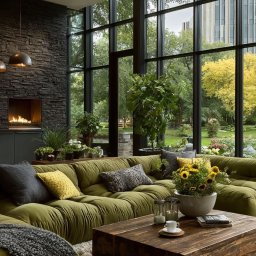 Larimar Estate - Stylowy salon z zieloną sofą modułową, drewnianym stolikiem kawowym i widokiem na ogród przez panoramiczne okno. Kominek z kamienia dodaje wnętrzu przytulności.